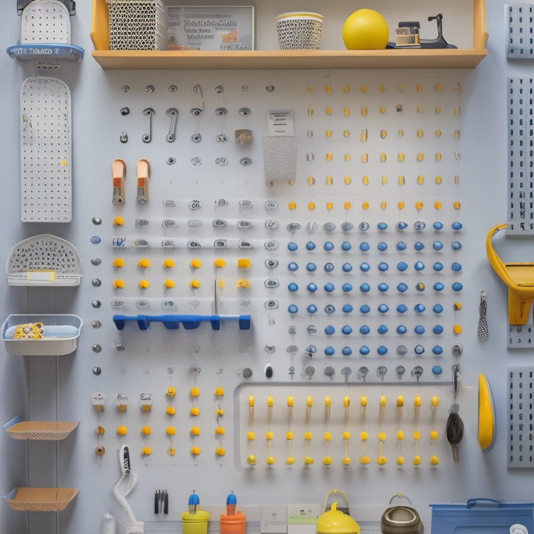 A well-organized pegboard with various hooks, bins, and accessories in a neat and colorful arrangement, set against a light-gray or white background, with subtle shadows and highlights.