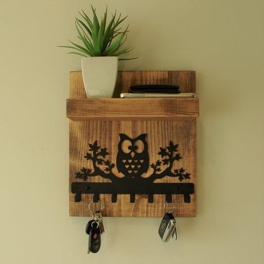Simply Rustic Organizer Shelf with Perched Owl and Key Hooks by KeoDecor