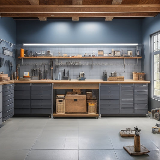 A clutter-free garage workshop with a sleek, gray epoxy floor, surrounded by wooden workbenches, metal tool chests, and a pegboard adorned with neatly organized tools and accessories.