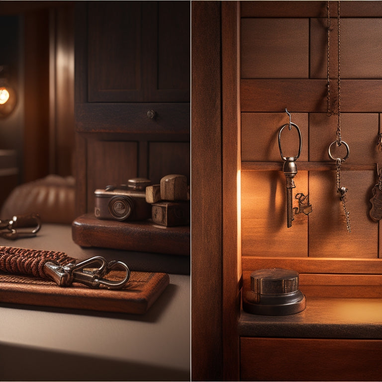 A split-screen image featuring a cluttered, dimly lit key hook with tangled keys on one side, and a tidy, well-lit wooden key organizer with neatly arranged keys on the other.