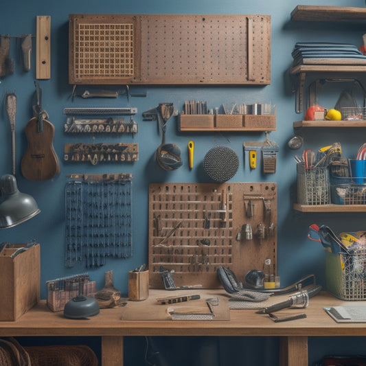 A cluttered workspace with scattered tools, contrasted with a tidy, organized pegboard featuring a custom design with neatly hung tools, hooks, and bins, showcasing optimal storage and functionality.
