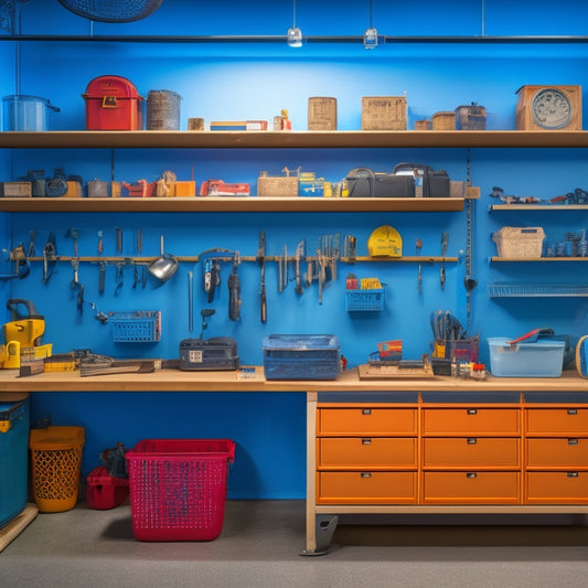 A tidy workshop with a pegboard adorned with neatly hung tools, a nearby toolbox with labeled drawers, and a key organizer on the wall with color-coded hooks and a small lockbox.