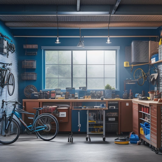 A clutter-free garage workshop with a pegboard-covered wall, a foldable workbench, and a ceiling-mounted bike lift, surrounded by neatly organized tools and storage bins.