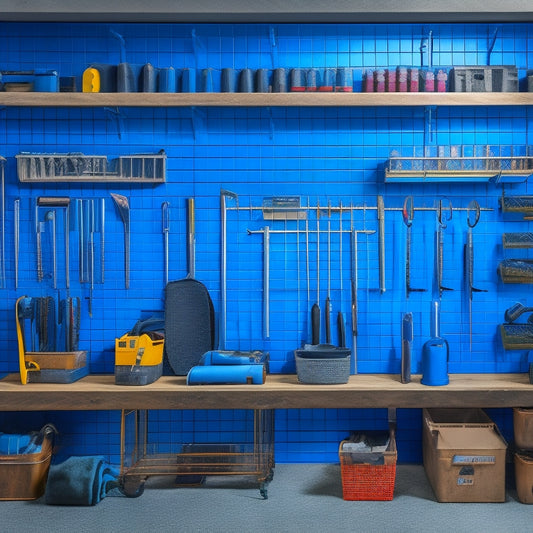 A well-organized workshop with a pegboard on the wall, holding various tools such as wrenches, hammers, and screwdrivers, and a set of labeled storage bins and baskets on a shelf below.