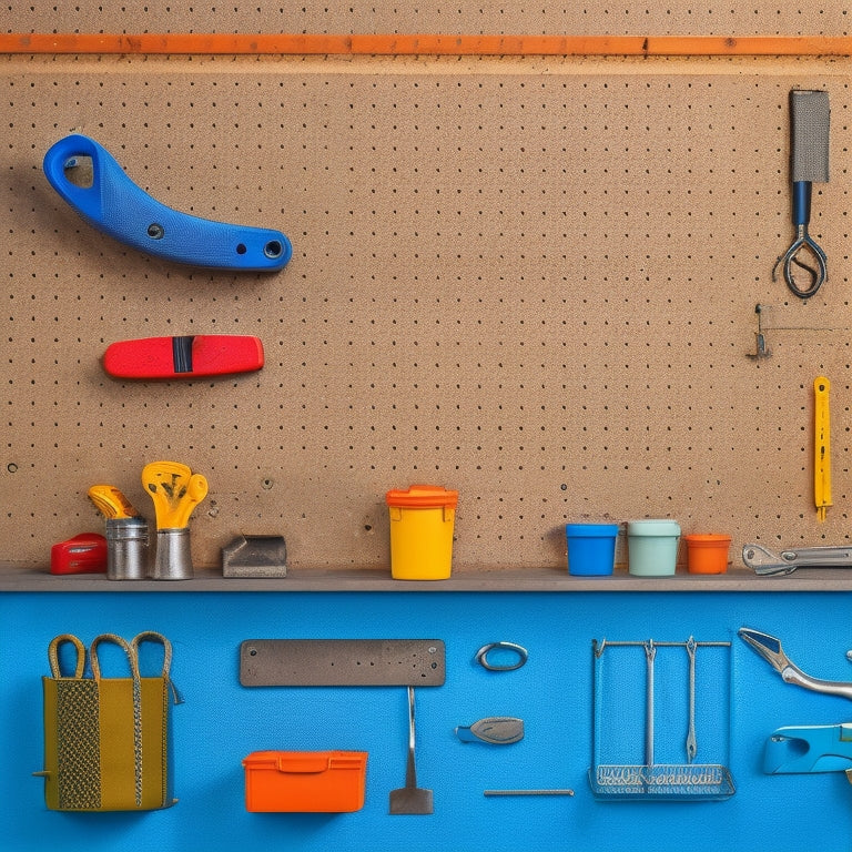 A well-organized pegboard with various tools and accessories, such as wrenches, pliers, and bins, arranged harmoniously in a balanced composition with a subtle grid background.