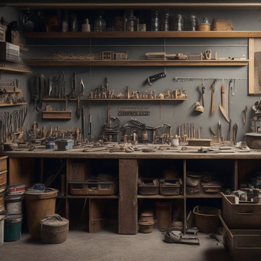 A cluttered workshop with scattered tools and materials transforms into an organized space with labeled bins, a pegboard, and a workbench with neatly arranged instruments, amidst a bright and clean background.