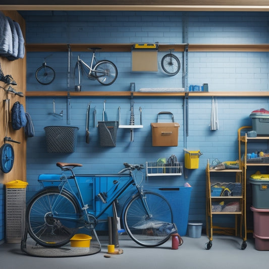 A well-organized garage with slatwall panels, hanging bicycles, and stackable plastic bins, alongside a pegboard with tools and a retractable ladder attached to the ceiling.