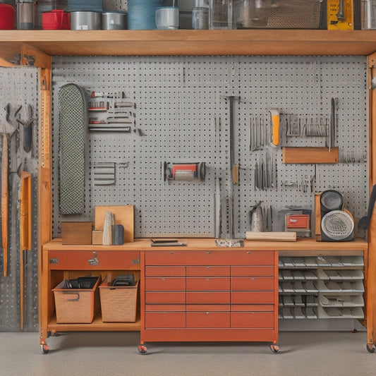 A clutter-free workshop with a tall, steel wall tool cabinet featuring adjustable shelves, hooks, and a pegboard, surrounded by organized tools and equipment, with a faint grid pattern on the floor.
