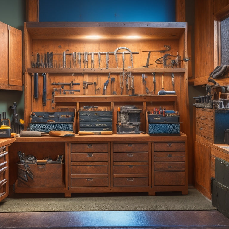 A clutter-free tool chest with neatly arranged drawers, compartments, and dividers, showcasing a variety of tools, including wrenches, pliers, screwdrivers, and hammers, in a well-lit, modern workshop setting.