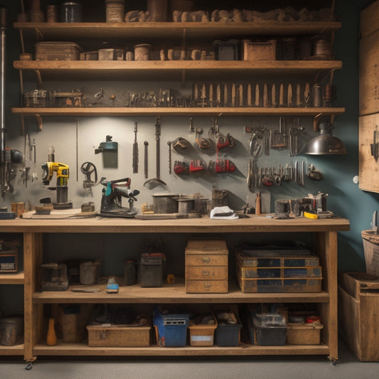 A neatly organized workshop with a pegboard, labeled bins, and a rolling cabinet, surrounded by various tools, including a drill press, circular saw, and wrenches, in a well-lit, clutter-free space.