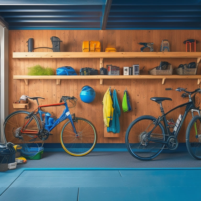 A tidy garage with slatwall panels, hooks, and bins, showcasing organized tools, bikes, and sports equipment, with a few open spaces to convey customization and flexibility.