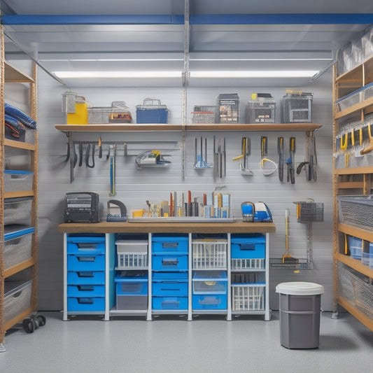 A clutter-free garage with rows of labeled, transparent, and stackable tool organizer bins on metal shelving, surrounded by neatly hung tools and a few strategically placed workbenches.