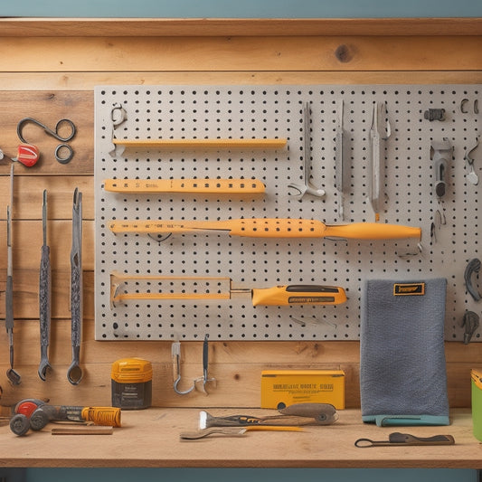 A clutter-free workshop with a custom tool pegboard featuring neatly organized wrenches, pliers, and screwdrivers, against a light-gray background, with a subtle wooden texture and soft, natural light.