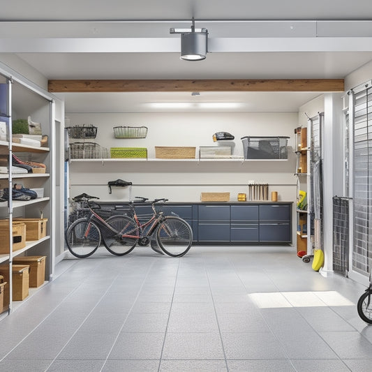 A clutter-free, well-organized garage with floor-to-ceiling shelves, baskets, and bins in a compact, L-shaped configuration, surrounded by bicycles, tools, and sports equipment, with a sleek, modern garage door.