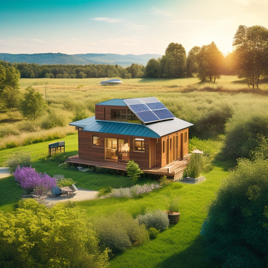 A serene, eco-friendly abode made from reclaimed wood and repurposed materials, surrounded by lush greenery, with a wind turbine and solar panels on the roof, set against a sunny, cloudless sky.