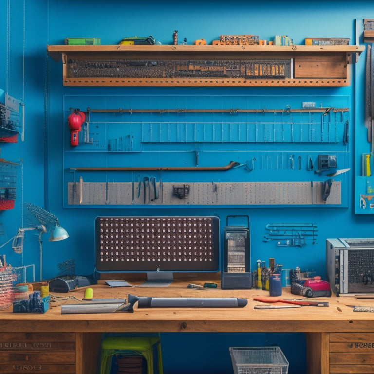 A cluttered workspace with scattered tools transitions to an organized setup with the WALLBOARD TOOL, a sleek, futuristic, and modular pegboard system, with various tools and accessories neatly arranged.