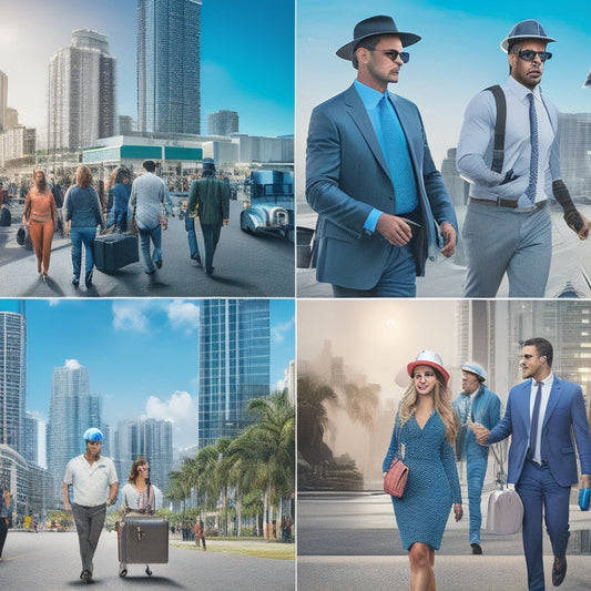 A split-screen image featuring a bustling Miami cityscape with a diverse group of people walking in the foreground, contrasted with a collage of various job-related icons, such as briefcases, laptops, and hard hats.
