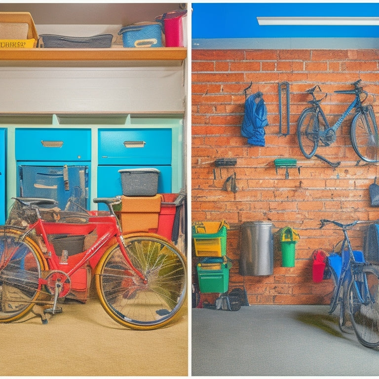 A before-and-after split-screen image: cluttered garage with tools scattered, boxes stacked haphazardly, and a bicycle leaning against the wall, contrasted with a organized garage featuring labeled bins, a pegboard, and a neatly parked bike.