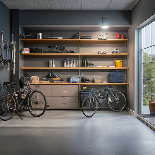 A well-lit, spacious garage with sleek, gray organization cabinets featuring slide-out shelves, hooks, and bins, surrounded by a few bikes, tools, and a neatly parked car, with a subtle hint of natural light.