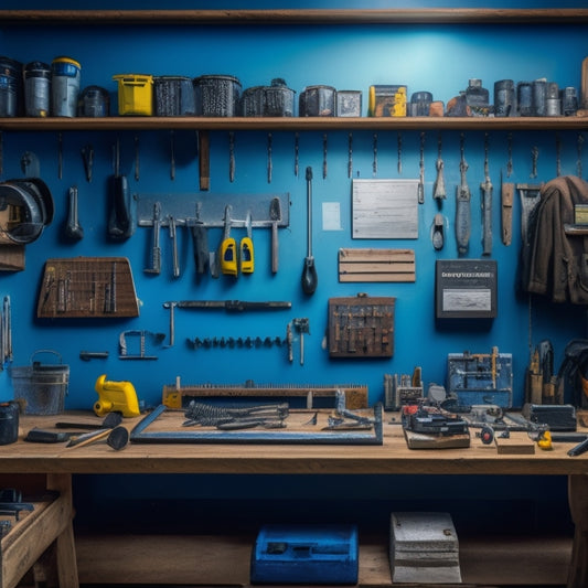 A tidy workshop with a wooden pegboard, various tools and accessories hung neatly from hooks, and a few DIY tools like a drill and level scattered on a nearby workbench.