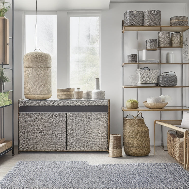 A bright, modern room with a mix of sleek, minimalist shelving units in varying heights, accompanied by woven baskets, and a few ornate, industrial-chic metal storage trunks.