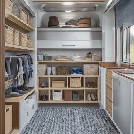 A clutter-free, organized interior of a small van with shelving units, storage bins, and a pegboard on the walls, and a sliding drawer under the floor, all in a sleek, silver finish.