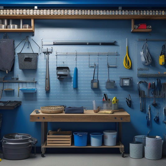 A well-organized garage with a slatwall featuring various hooks, bins, and baskets, a pegboard with tools and accessories, and a sleek workbench with a vice and a few DIY projects in progress.