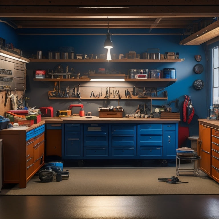 A well-lit, clutter-free garage with a central workbench, surrounded by three to five tool chests of varying sizes, with open drawers and cabinets revealing organized tools and equipment.