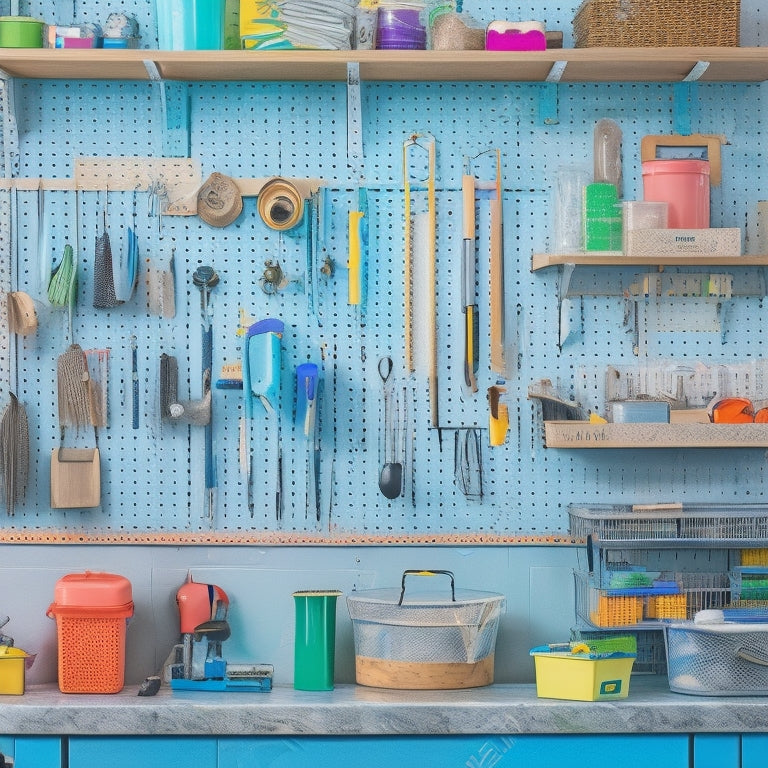 A pegboard with various hooks, bins, and accessories in a bright and airy workshop or garage setting, surrounded by tools, gardening equipment, and craft supplies in a colorful and organized manner.