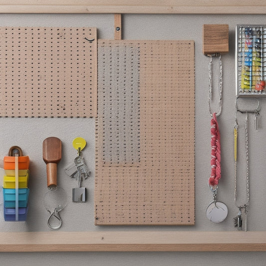 A wooden pegboard with various colorful pegs, hooks, and bins, holding an assortment of keys, keychains, and small accessories, against a light gray or white background with a subtle wood grain texture.