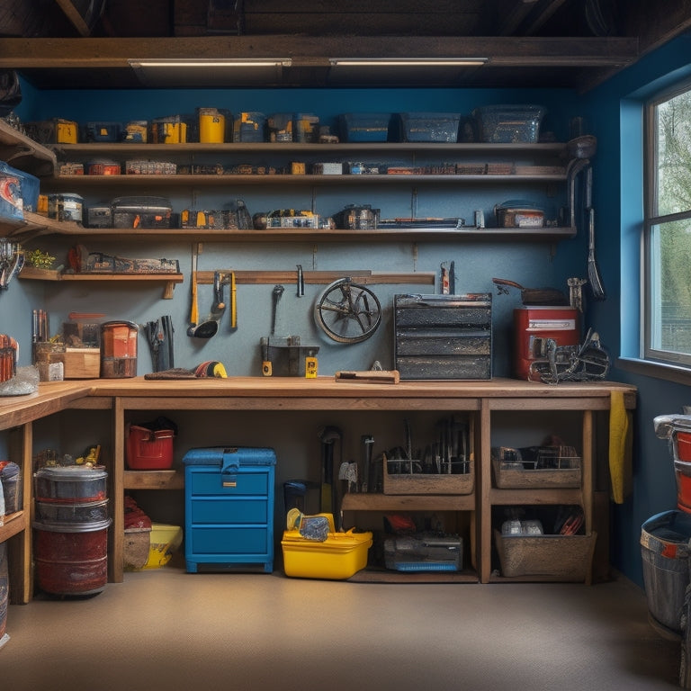 A cluttered garage with scattered tools and disorganized workbenches, contrasted with a sleek, custom storage system featuring labeled bins, wall-mounted pegboards, and a sturdy workbench with built-in cabinets.