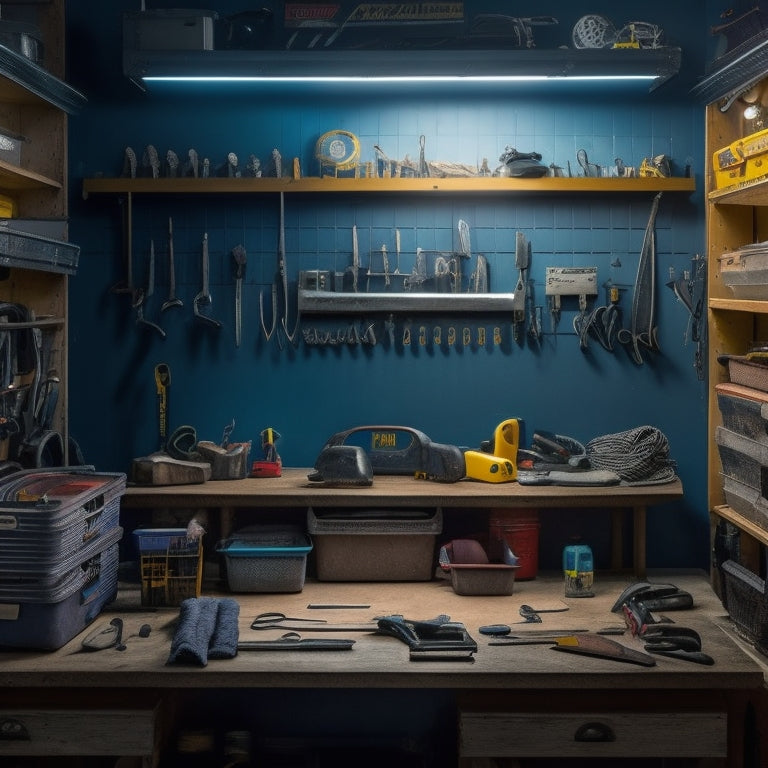 A clutter-free workshop with neatly arranged toolboxes, labeled storage bins, and a pegboard with hooks holding wrenches, pliers, and screwdrivers, all illuminated by a bright LED light.