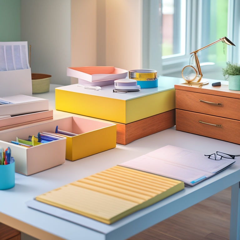 A tidy, modern desk with three open drawers in various sizes, each filled with neatly organized office supplies, colorful folders, and sleek pens, against a soft, creamy background.