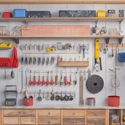 A clutter-free garage with a pegboard wall featuring assorted tool holders, hooks, and bins in a variety of shapes and sizes, organized by category, with a few tools hung neatly in place.