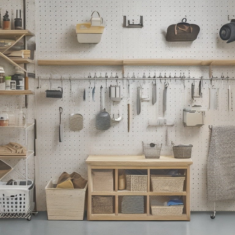 A well-organized garage with a pegboard backdrop, various tools and accessories hanging from hooks, bins, and baskets, with a mix of straight and curved lines, in a warm and neutral color palette.