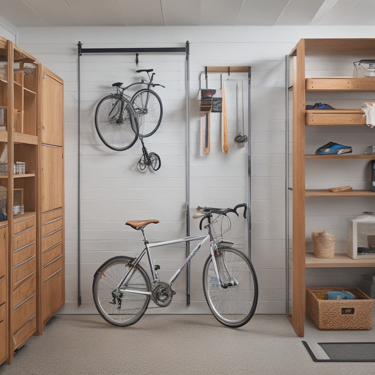 A clutter-free, L-shaped garage corner with a wall-mounted pegboard, a compact rolling tool chest, and a few hanging bicycles, showcasing efficient storage in a small space.