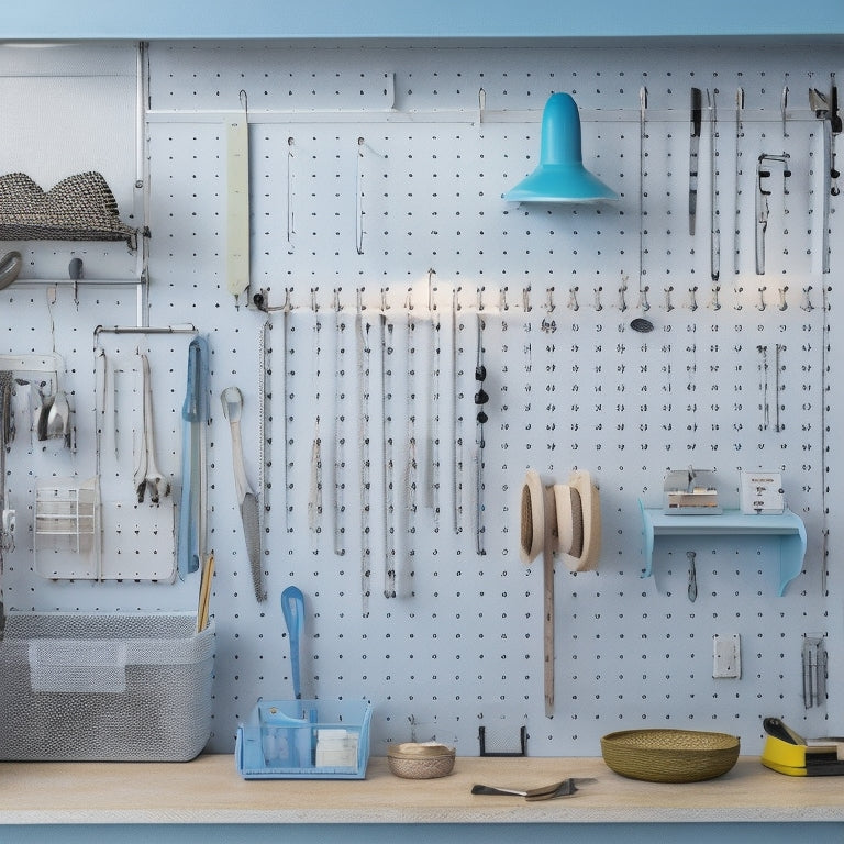 A pegboard with various hooks, bins, and baskets in a tidy arrangement, set against a light-gray background, with a few tools and accessories hung neatly, showcasing organized storage.