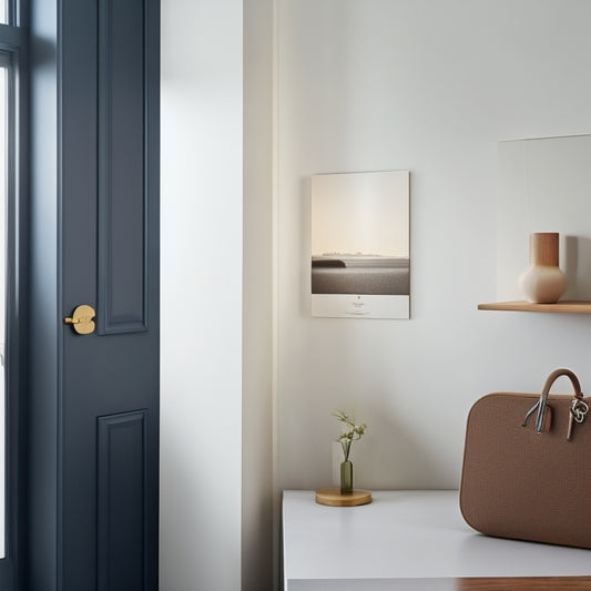 A serene, minimalist room with a few, carefully placed key storage solutions: a small, wall-mounted wooden key holder with a few keys, a sleek, modern key tray on a side table, and a discreet key hook behind a door.