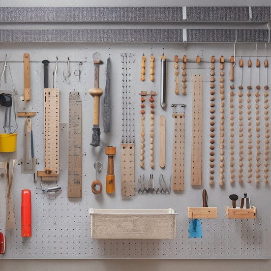 A wooden pegboard with variously shaped and sized hooks, screws, and bins, arranged in a organized yet cluttered manner, with tools and accessories hanging from it, against a light-gray background.