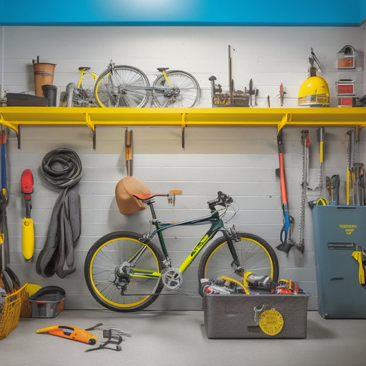 A clutter-free workshop with a pegboard displaying neatly organized cycling tools, including wrenches, pumps, and Allen keys, surrounded by a few bicycles and a toolbox with a small bike helmet on top.