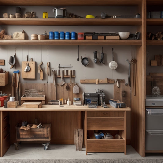 A well-organized woodshop with a pegboard on the wall, holding various tools and accessories, adjacent to a wooden cabinet with sliding drawers and a rolling cart with stacked bins.