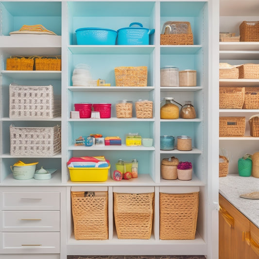 A bright, modern pantry with creamy white walls, sleek wooden shelves, and a large pegboard spanning the back wall, adorned with an array of colorful hooks, bins, and baskets.