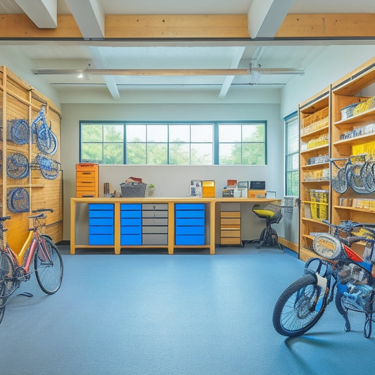 A clutter-free garage with a sleek, modern design, featuring ceiling-mounted storage racks holding bicycles, bins, and boxes, surrounded by ample floor space and well-organized workstations.