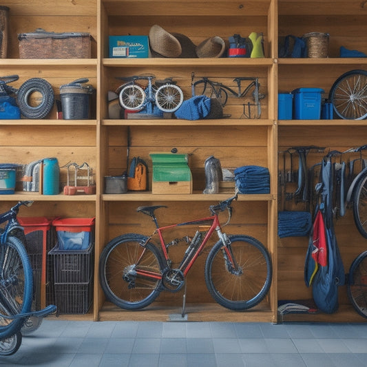 A well-organized garage with a slatwall featuring hooks holding bikes, tools, and accessories, adjacent to a row of stackable plastic bins and a few DIY shelving units made from reclaimed wood.