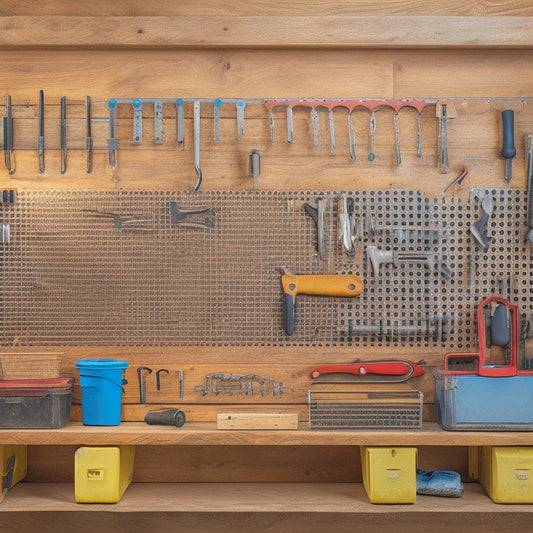 A neatly arranged pegboard with various wrenches of different sizes and types, including adjustable, socket, and ratcheting wrenches, on a clean, wooden workbench with a subtle hint of toolbox in the background.