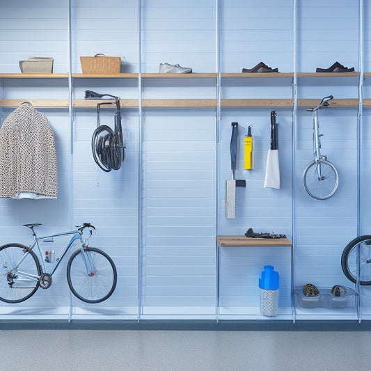 A well-organized garage with sleek, silver storage bins, a slanted bike rack, and a pegboard adorned with neatly hung tools, set against a clean, white background.