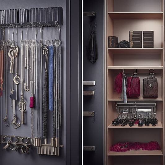 A split-screen image featuring a cluttered key rack on the left, with tangled keys and overcrowded hooks, next to a organized key storage system on the right, with labeled key slots and a sleek design.