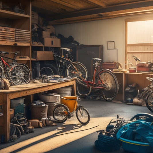 A cluttered garage interior with scattered tools, tangled cords, and towering piles of boxes, surrounded by dusty bicycles, rusty lawn mowers, and faded sports equipment, in warm, golden lighting.