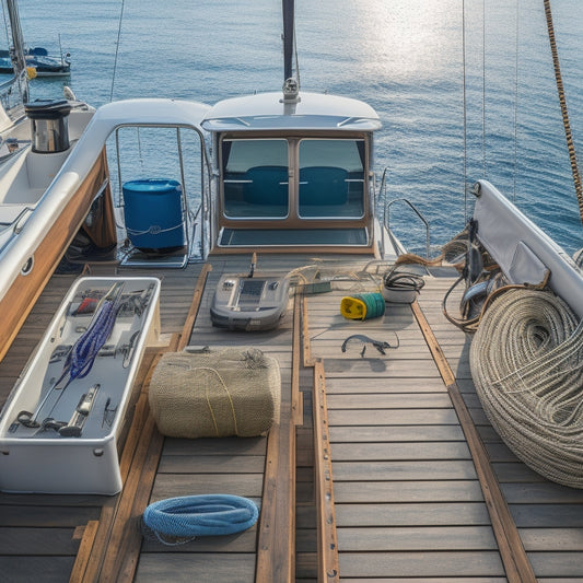 A clutter-free boat deck with neatly organized toolboxes, coils of rope, and fishing gear suspended from a sleek, metallic rail system, set against a serene ocean backdrop with a few sailboats in the distance.