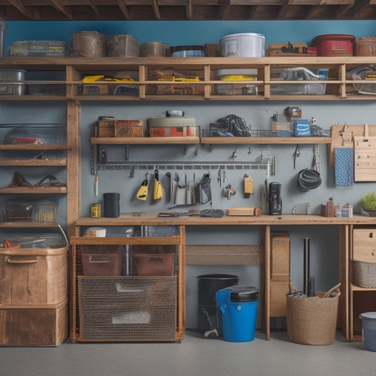 A clutter-free small garage with a slatwall, bins, and hooks, featuring a compact workstation, a labeled pegboard, and a DIY shelving unit made from reclaimed wood and metal pipes.